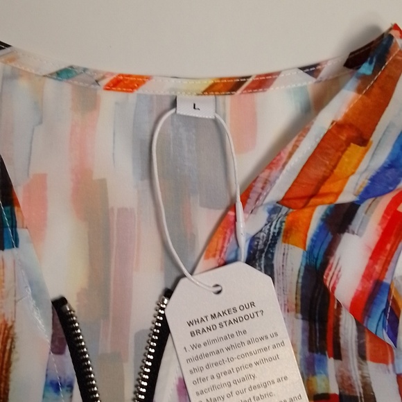 Colorful cold shoulder woman size large zip up lightweight satin feel. NWT - Picture 3 of 5